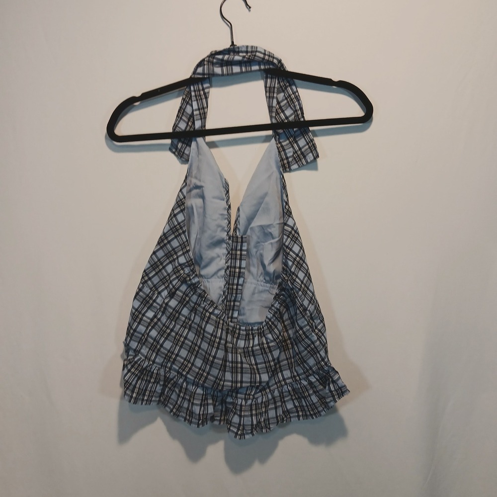 Hollister Med Halter Blue Plaid cottage y2k preppy 100% cotton 70s 90s beach - Picture 3 of 7